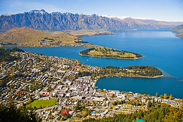 Aerial view of Queenstown, Lake Wakatipu and the Remarkables Mountain Range, Otago, South Island, New Zealand, Pacific 