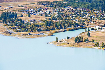 Lake Tekapo town taken from Mount John Observatory, Canterbury Region, South Island, New Zealand, Pacific 