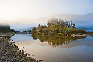 Misty Waitangitanoa River at sunrise, Westland National Park, UNESCO World Heritage Site, on the West Coast of South Island, New Zealand, Pacific 