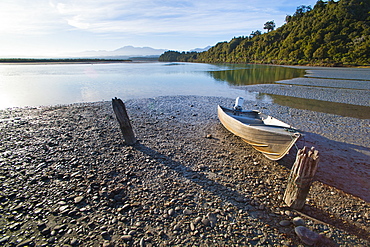 Motor boat, Okarito Lagoon, West Coast, South Island, New Zealand, Pacific 