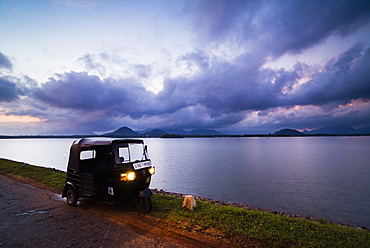 A tuktuk at sunrise, Ibbankatuwa Lake, Dambulla, Central Province, Sri Lanka, Asia