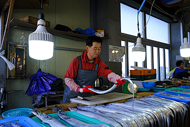 Hairtail fish (galchi jorim), long, thin and silvery, prized by Jeju Island's locals and sold at most markets, Jeju, South Korea, Asia