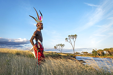 Portrait of a Samburu tribal member, Ewasi Ngiro River, traditional clothing, Kenya, East Africa, Africa