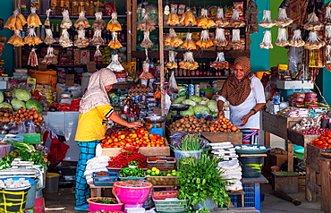 Fresh food market stall selling fruit and vegetables, Togian Islands, Indonesia, Southeast Asia, Asia