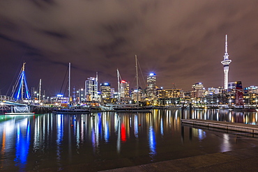 Night view of the city of Auckland from Auckland Harbour, North Island, New Zealand, Pacific 