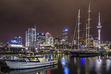 Night view of the city of Auckland from Auckland Harbour, North Island, New Zealand, Pacific