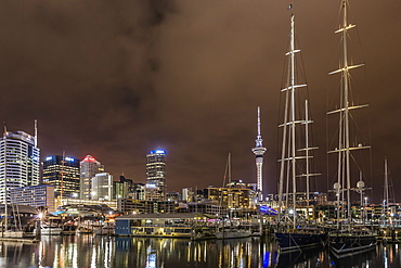 Night view of the city of Auckland from Auckland Harbour, North Island, New Zealand, Pacific