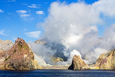 An active andesite stratovolcano on White Island, off the east side of North Island, New Zealand, Pacific