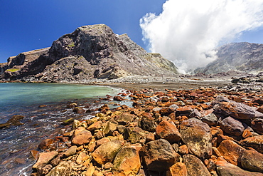 An active andesite stratovolcano on White Island, off the east side of North Island, New Zealand, Pacific