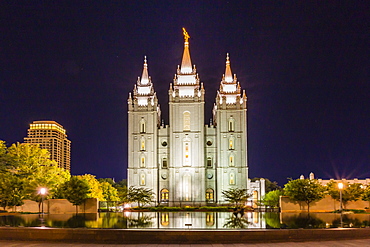 The Salt Lake Temple at night, operated by The Church of Jesus Christ of Latter-day Saints, Salt Lake City, Utah, United States of America, North America