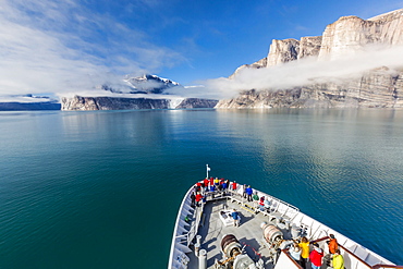 The Lindblad Expeditions ship National Geographic Explorer in Icy Arm, Baffin Island, Nunavut, Canada, North America