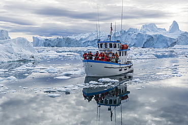 A commercial iceberg tour amongst huge icebergs calved from the Ilulissat Glacier, UNESCO World Heritage Site, Ilulissat, Greenland, Polar Regions