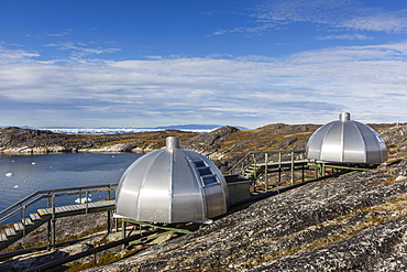 Modern igloo cabins for rent from the Hotel Arctic in the town of Ilulissat, Greenland, Polar Regions