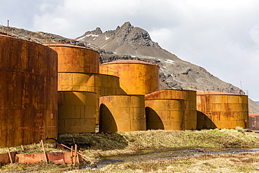 The oil storage tanks at the abandoned and recently restored whaling station at Grytviken, South Georgia, UK Overseas Protectorate, Polar Regions
