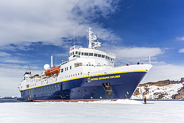 The Lindblad Expeditions ship National Geographic Explorer wedged into fast ice, Duse Bay, Weddell Sea, Antarctica, Polar Regions