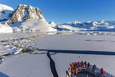 The Lindblad Expeditions ship National Geographic Explorer in the Lemaire Channel, Antarctica, Polar Regions