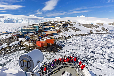 The Lindblad Expeditions ship National Geographic Explorer on approach to the United States Research Station at Palmer Base, Antarctica, Polar Regions