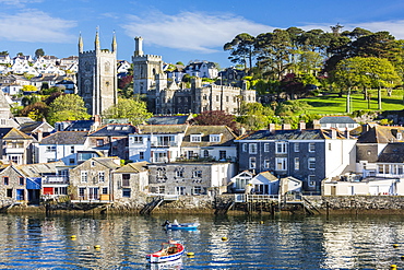 Early morning light on small boats at anchor in the harbour at Fowey, Cornwall, England, United Kingdom, Europe