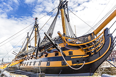 Exterior view of the HMS Victory, on display in Portsmouth, Hampshire, England, United Kingdom, Europe