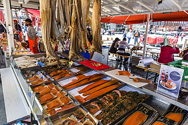 Fresh seafood at market on the dock in the harbour at Bergen, Norway, Scandinavia, Europe