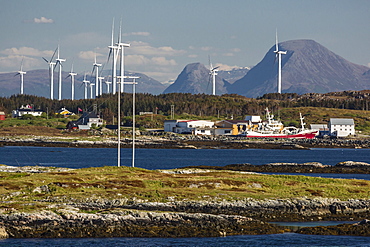 View of massive wind turbines in a wind farm near Smola Island, Norway, Scandinavia, Europe