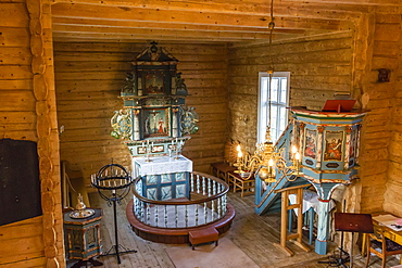 Interior view of the small Norwegian church in the fishing village of Traena, located on the Arctic Circle, Norway, Scandinavia, Europe