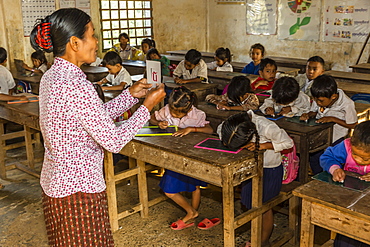 School children in class in the village of Kampong Tralach, Tonle Sap River, Cambodia, Indochina, Southeast Asia, Asia