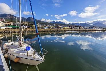 Sailboats docked along the small boat harbor in Ushuaia, Argentina, South America