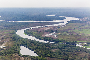 Aerial view of the Amazon River flying into Iquitos, Loreto, Peru, South America