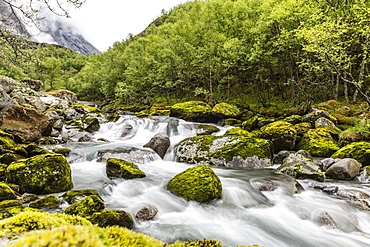 Snowmelt river running strongly in Briksdal Valley, Olden, Norway, Scandinavia, Europe