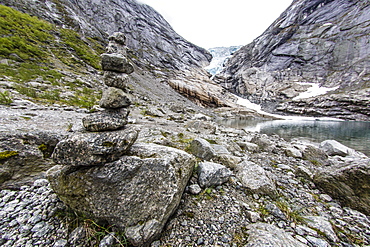 Retreating Briksdal Glacier at the head of Briksdal Valley, Olden, Norway, Scandinavia, Europe