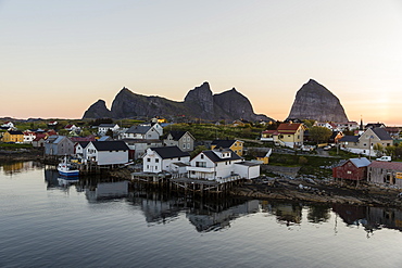 Sunset in the fishing town of Traena (Trana), located on the Arctic Circle, Norway, Scandinavia, Europe