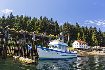 Fishing boat at the dock on Pond Island in Kelp Bay, Baranof Island, southeast Alaska, United States of America, North America