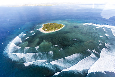 Aerial view of the Cloud surfing break at Tavarua, near Viti Levu, Republic of Fiji, South Pacific Islands, Pacific