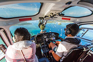 Aerial view of the Cloud surfing break at Tavarua, near Viti Levu, Republic of Fiji, South Pacific Islands, Pacific