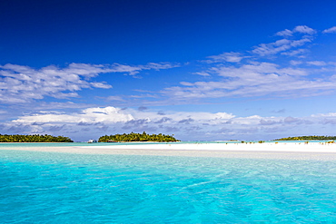 Coconut palm trees line the beach on One Foot Island, Aitutaki, Cook Islands, South Pacific Islands, Pacific