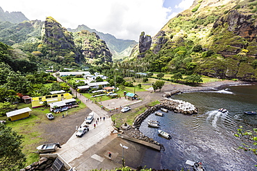 Overlooking the harbor in the town of Hanavave, Fatu Hiva, Marquesas, French Polynesia, South Pacific, Pacific