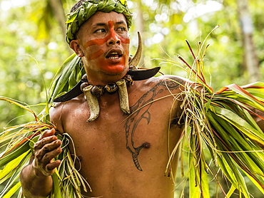 Traditional dance performed in ceremonial costume in Hatiheu, Nuku Hiva Island, Marquesas, French Polynesia, South Pacific, Pacific