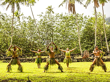 Traditional dance performed in ceremonial costume in Hatiheu, Nuku Hiva Island, Marquesas, French Polynesia, South Pacific, Pacific