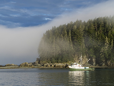 The fishing boat Steller anchored in the fog at George Island, Cross Sound, Southeast Alaska, United States of America