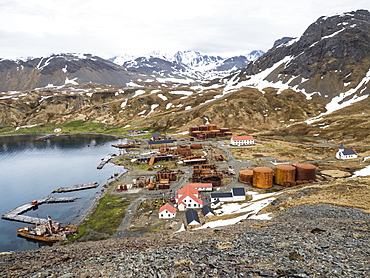 The abandoned whaling station at Grytviken, now cleaned and refurbished for tourism on South Georgia Island, Atlantic Ocean