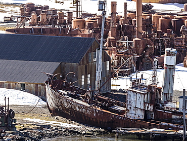 Old whaling catcher ship at Grytviken, now cleaned and refurbished for tourism on South Georgia Island, Atlantic Ocean