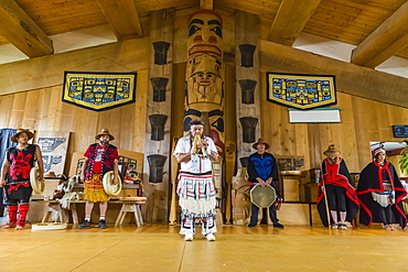 Native dancers in traditional Haida dancing regalia, Old Masset, Haida Gwaii, British Columbia, Canada, North America