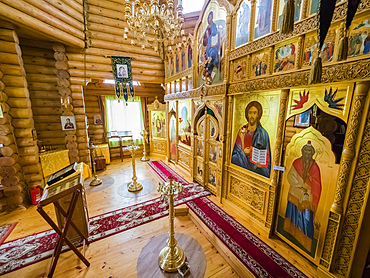 Interior view of the Russian Orthodox Church in Nikolskoye Village, Commander Islands, Kamchatka, Russia, Eurasia