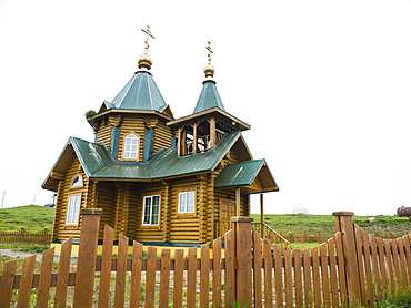 Exterior view of the Russian Orthodox Church in Nikolskoye Village, Commander Islands, Kamchatka, Russia, Eurasia