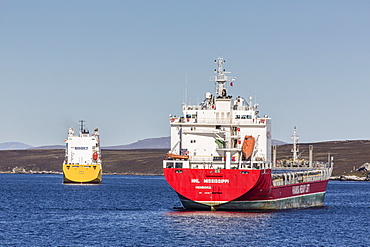 Commercial container ship in the port of Stanley, East Falkland Island, South Atlantic Ocean, South America