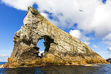 Rock formation known as Gada's Stack on Foula Island, Shetlands, Scotland, United Kingdom, Europe 