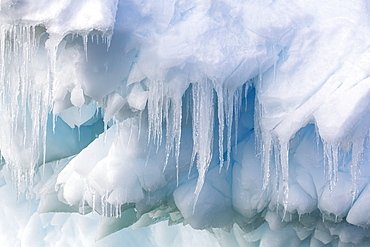 Icicles hanging from iceberg in the Yalour Islands, western side of the Antarctic Peninsula, Antarctica, Southern Ocean, Polar Regions