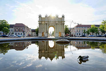 Fountains at the Brandenburg Gate with reflection, Luisenplatz, Potsdam, Brandenburg, Germany