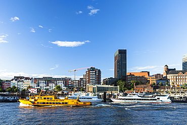 View over river Elbe to St. Pauli with Landing Stages, Hamburg, Germany